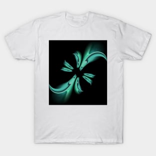 blue green coloured cyclone style design based on twin pointed peaks T-Shirt